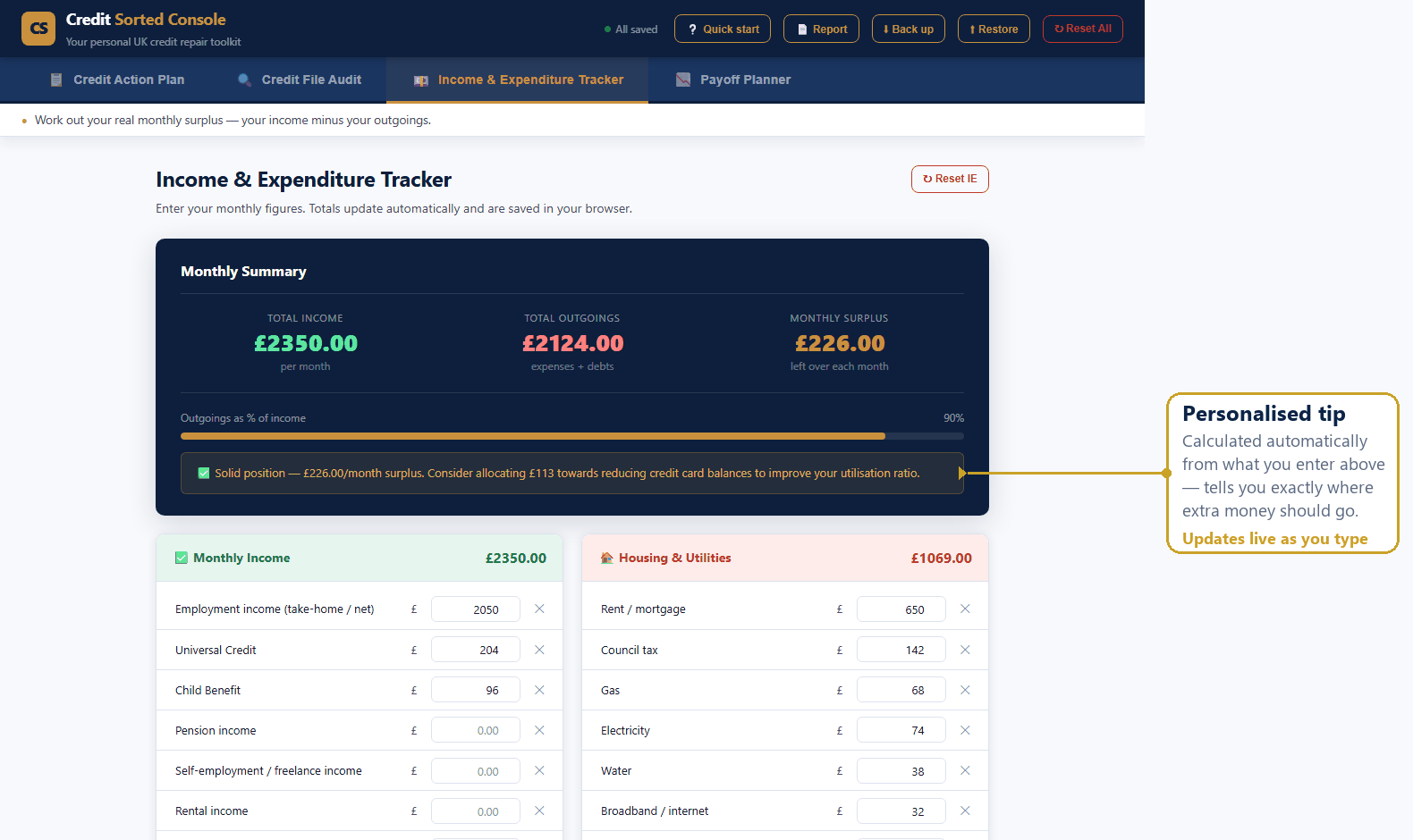 Income & Expenditure Tracker filled in with a sample UK household budget